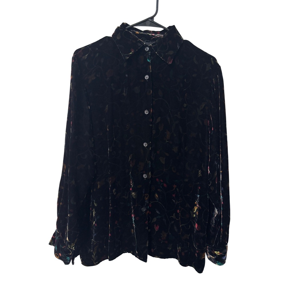 Vintage Black Velvet Floral Button Down Shirt Blouse Long Sleeve L Whimsigoth